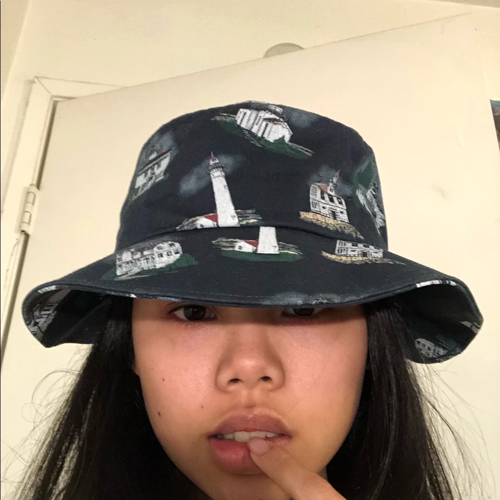 (Sold‼️)navy blue bucket hat with lighthouses